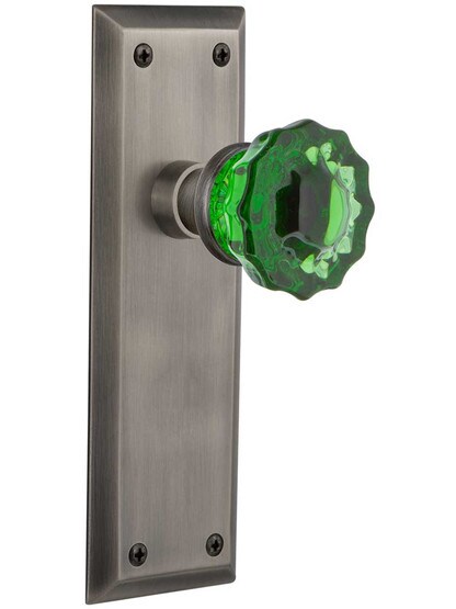New York Door Set with Colored Fluted Crystal Glass Knobs Emerald in Antique Pewter.
